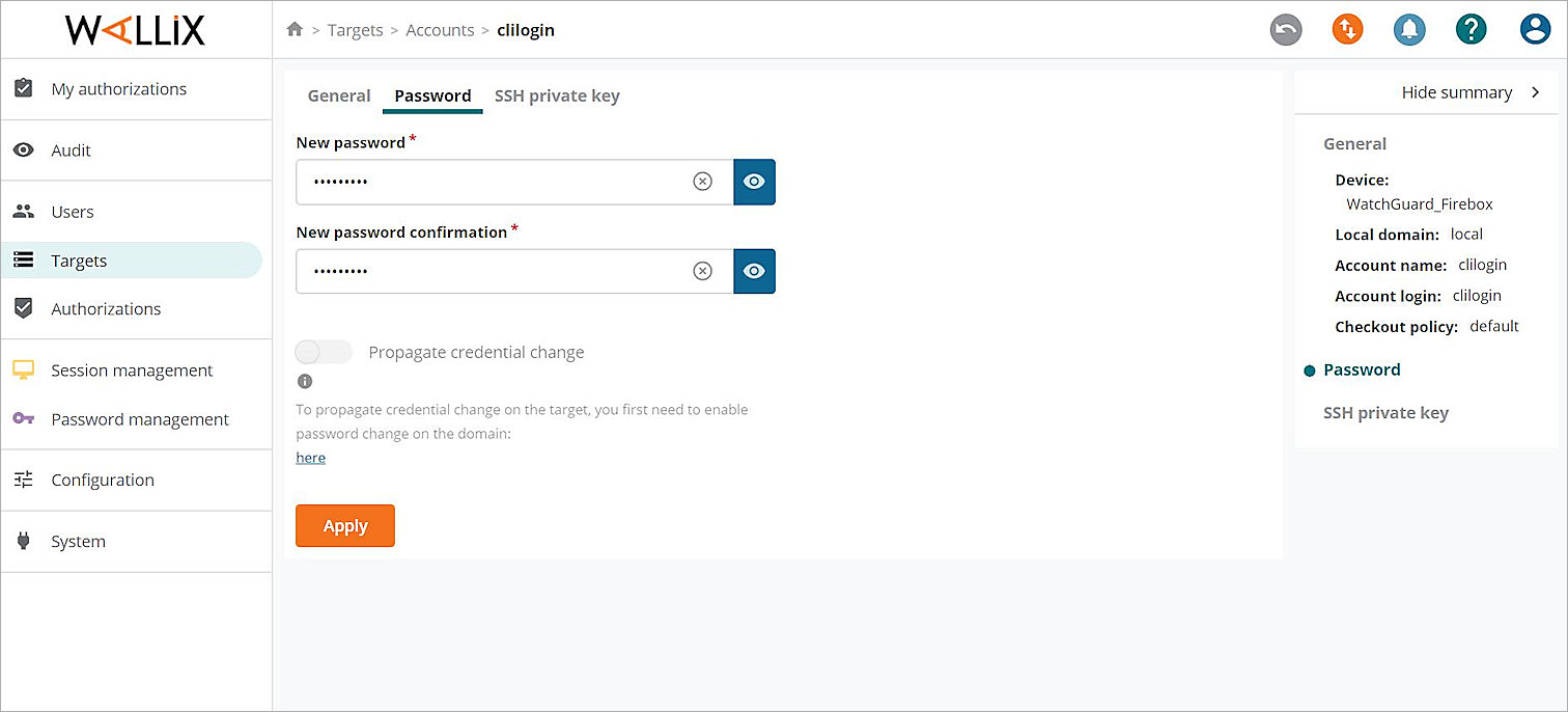 Screen shot of the Password tab